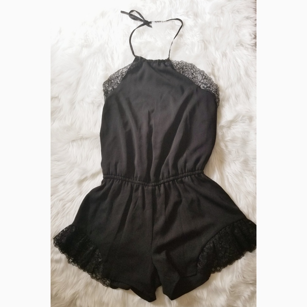 Guess Black Lace Trim Halter Romper